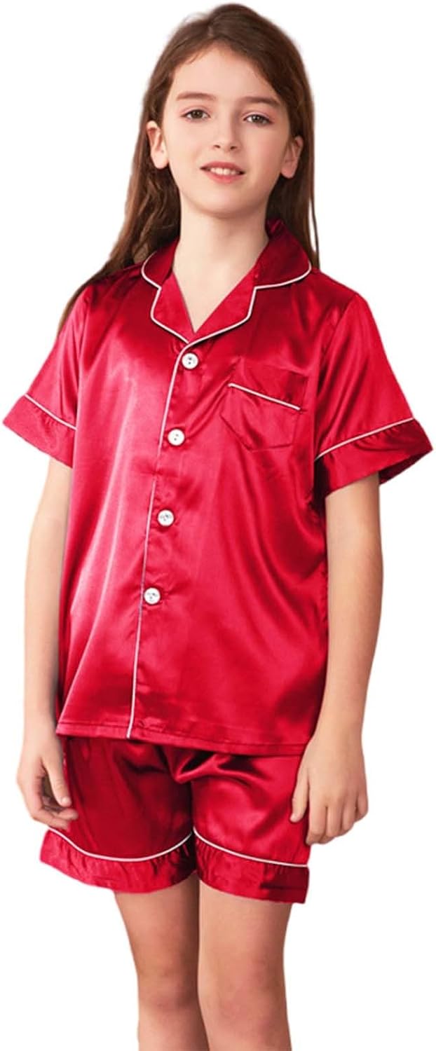 Kids Short Sleeve Satin 𝐏a𝐣ama Set for Girls Button Down 𝐒ilk 𝐏ajamas and Shorts 𝗦nug Fit Loung𝐞wear Summer 𝐏𝗝s