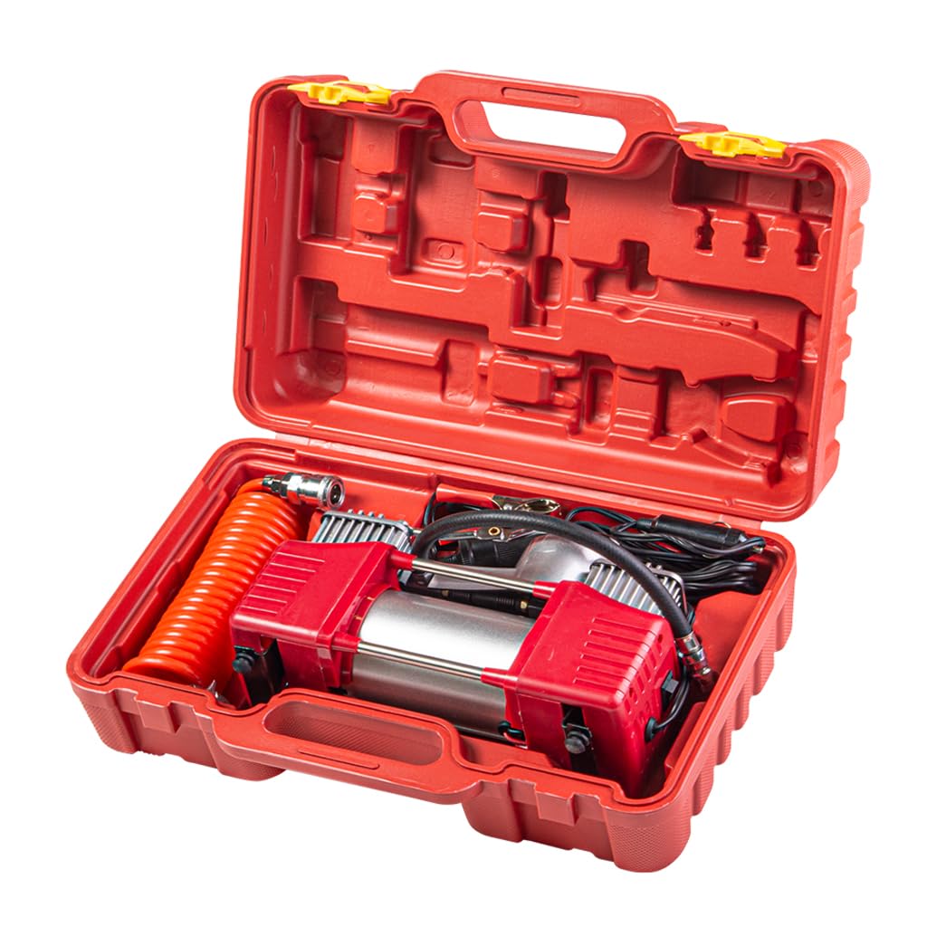 Compresor de Aire Portátil 12V 300W – 70L/min Doble Pistón con Manómetro, Conexión Mechero y Pinzas de Batería, Incluye Estuche con Accesorios – Para Coche, Moto y Furgoneta