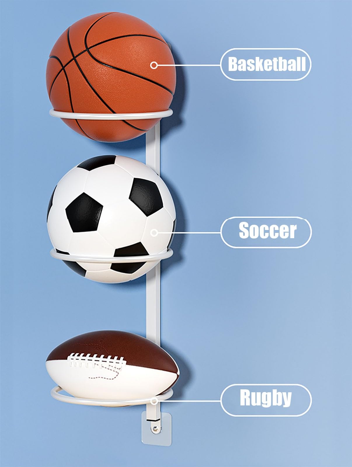 Soporte de metal para pelotas de baloncesto, voleibol, fútbol, soporte de pared para gimnasio en casa, equipo deportivo, color blanco (tamaño: 74 x 18 cm)
