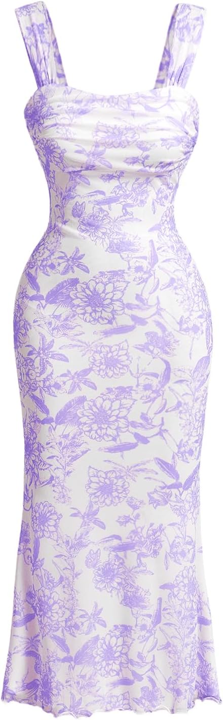 GORGLITTER Women's Floral Summer Wedding Guest Dress Ruched Cocktail Party Bridal Shower Formal Beach Midi Sun Dresses