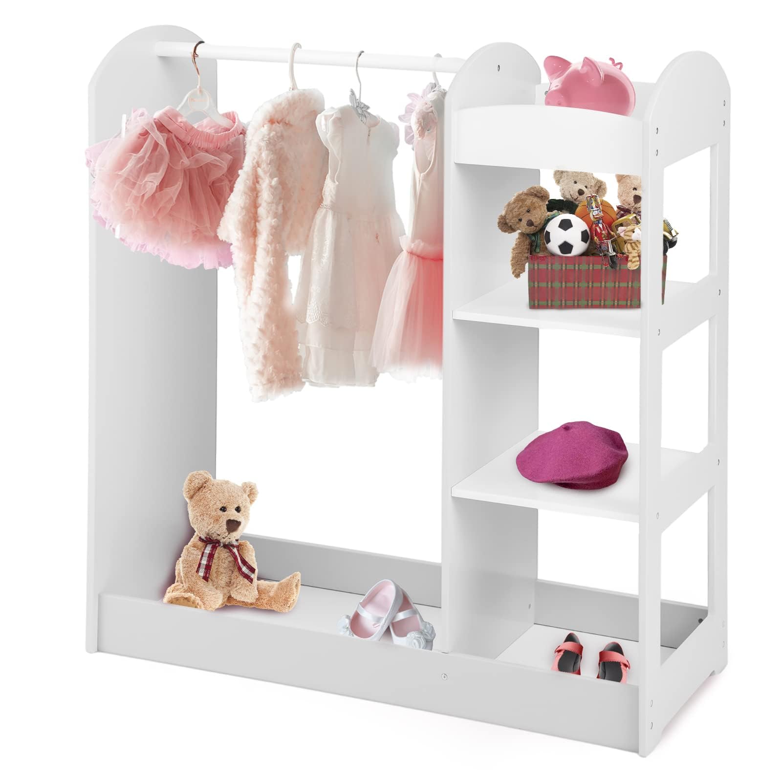 LIFEZEAL Kinder Kleiderständer, Offener Baby Kleiderschrank Kleiderständer Holz, Kinderschrank mit Spiegel, Kinderregal Kindergarderobe mit 4 Ablagen, Weiß