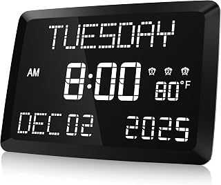 Raynic 11.5" Large Display Digital Calendar Clock - Day/Date, Temperature, 3 Alarms, Adjustable Brightness, Snooze for Elderly, Home, Office