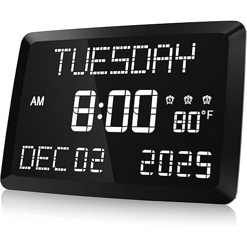 Raynic Digital Clock, 11.5" Large Display Calendar Clock with Day and Date, Indoor Temperature, Adjustable Brightness, Snooze,12/24H, DST for Home, Office, Elderly