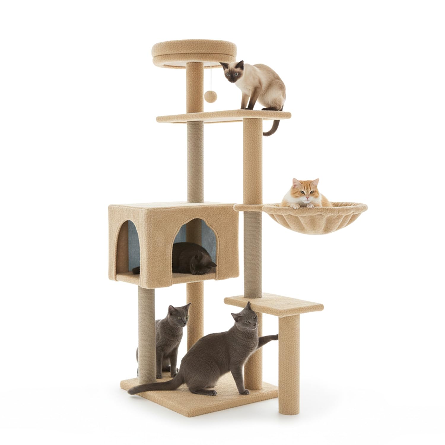 Avilia - Tiragraffi per Gatti 120 Cm Multilivello con Cuccia Chiusa e Amaca Laterale, Struttura con Colonne in Sisal e Giochi Pendente, Ideale per Uso Quotidiano in Casa (Beige)