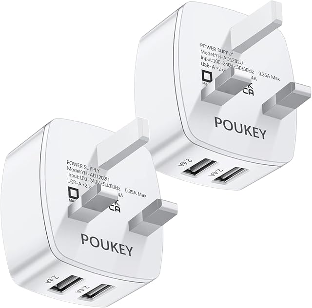 USB Plug Adaptor UK, Poukey 2Pack 2.4A/12W Double USB Charger Plug UK,Dual USB Charging Plug Power Adapter Fast Mains Wall Charger for Apple iPhone 13 12 11 Pro Max XS XR X 8 7 6 6S Plus,iPad,Samsung