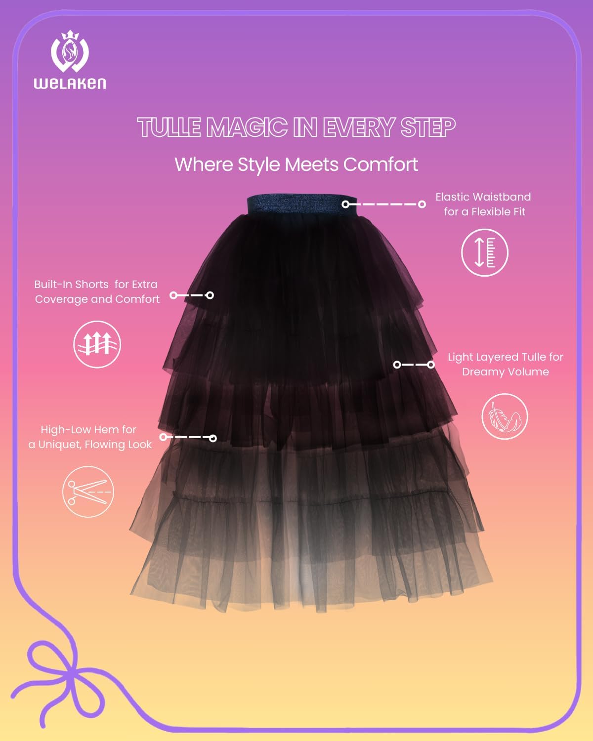 Girls Layered Tulle Skirts Flowy Mesh Elastic Waist Midi Tutu Skirt - Image 4