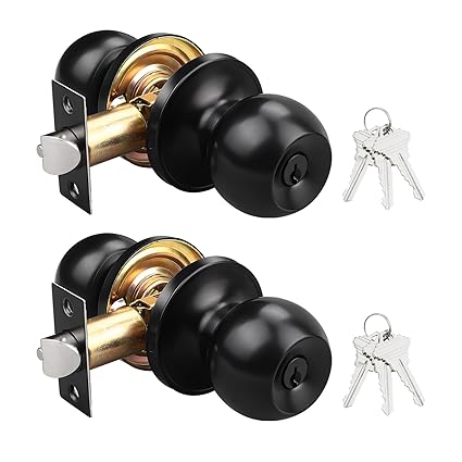 2 Pack Ball Privacy Interior/Exterior Doorknob with Same Key, Vintage Keyed Entry Keyed Alike Door Knobs Lock, Interior Door Knobs for Bathroom/Bedroom/Kitchen, Matte Black Finish