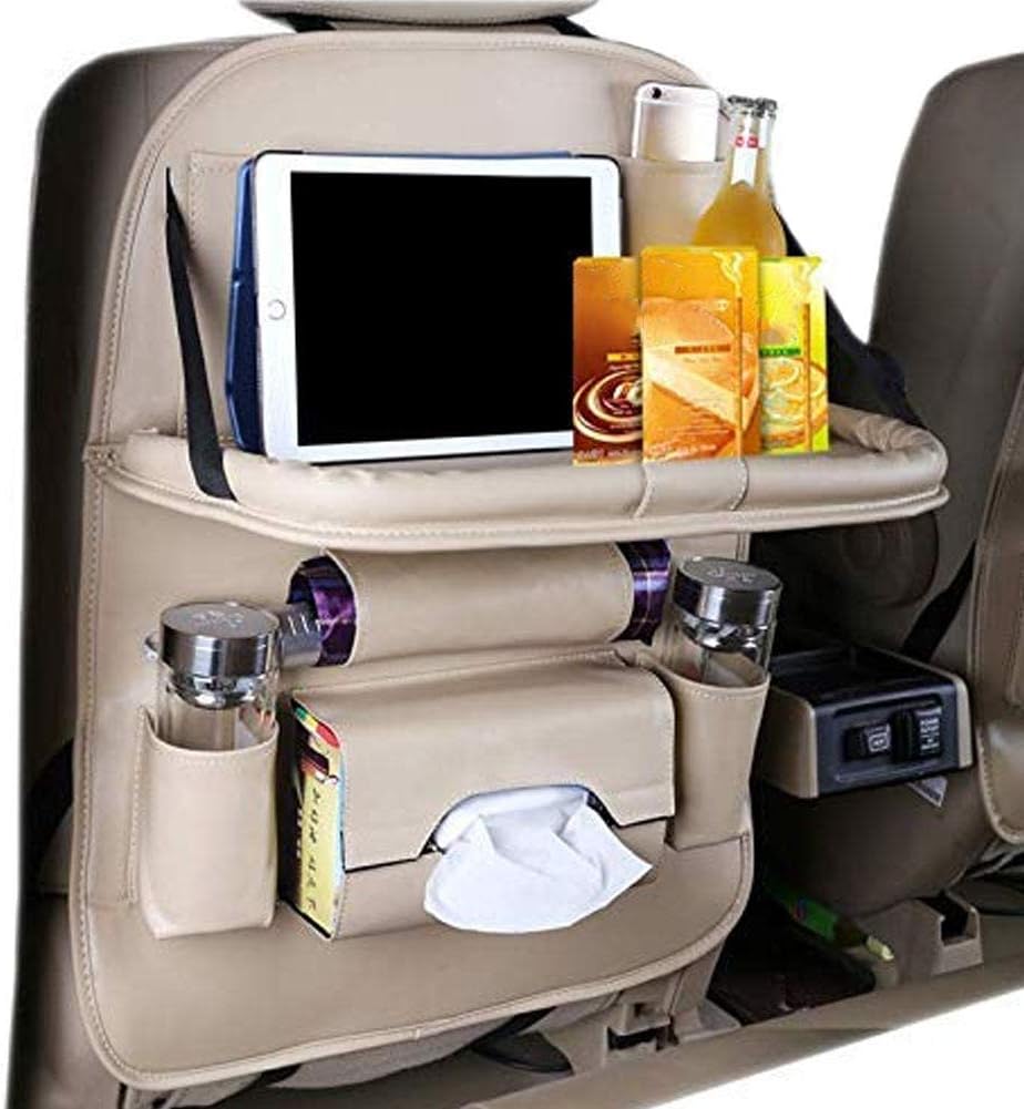 Foldable Table Car Seat Organizer with PU Leather Kick Mat, 62x42cm Backseat Storage Bag for Bottles, Toys & Tissues(Beige)