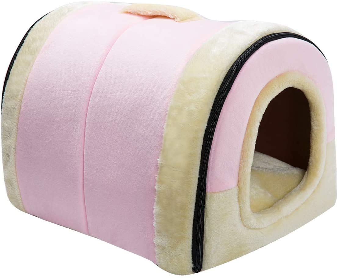 Hollypet Cama para Gato Cama para Perro, Plegable 2 en 1 Cama Suave y Cálida para Mascotas Nido de Gato, Cama de Terciopelo de Cristal para Interior & Exterior, Rosa