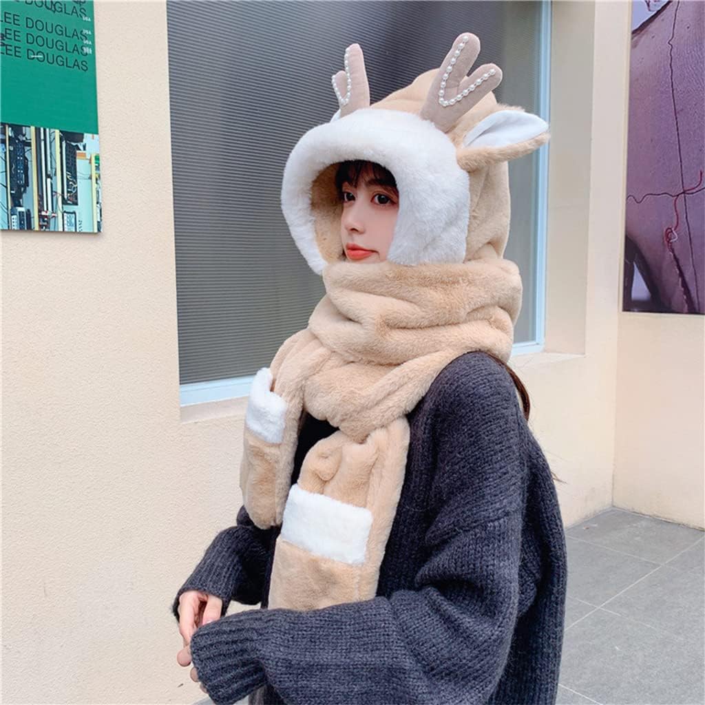Scarf,Christmas Hat Scarf Glove Set Hooded Scarf Winter Elk Hat Neck for Hat Winter Hat Scarf Gloves Set For Girl Scarf(Beige)