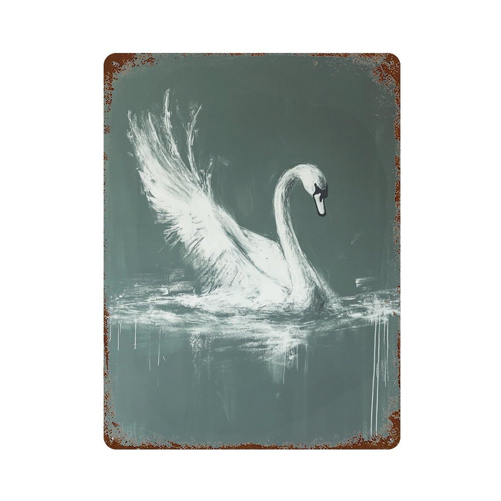 White Swan on Dark Lake 15.7"x11.8" Rust Effect Tin Sign, Old School Wall Decor for Pub, Kitchen And Man Cave Decor