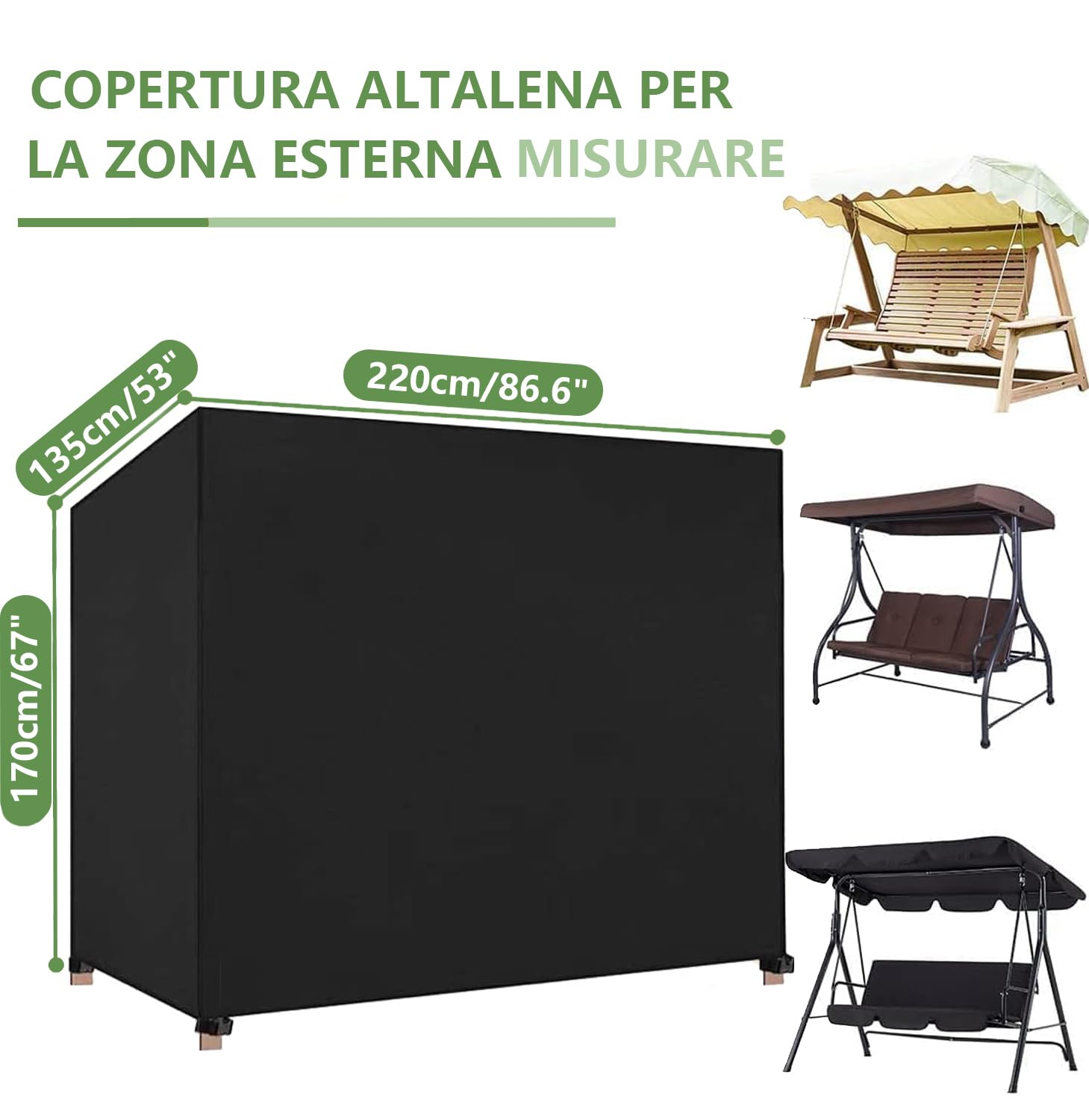 Copertura per Dondolo da Giardino a 3 Posti, 220x135x170cm Tessuto Oxford 600D Anti-UV, Impermeabile, Antivento, Copertura Protettiva per Altalena da Giardino (Nero)
