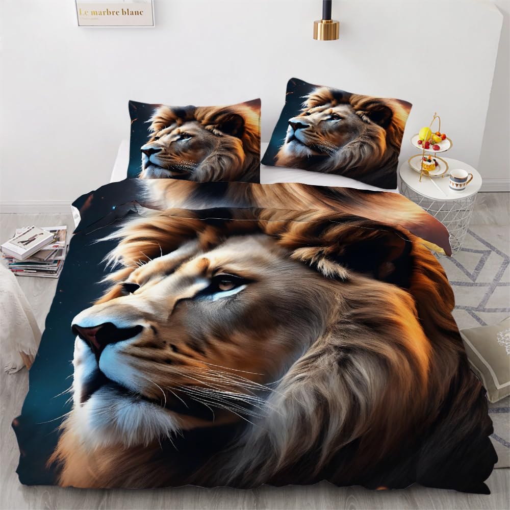 3D Lion Double Duvet Cover Set 200x200cm 3 piece Soft Microfiber Reversible Bedding Set Animal Lion Comforter Cover with Zipper Closure Quilt Cover with 2 Pillowcase 50x75cm（Image 1-4）