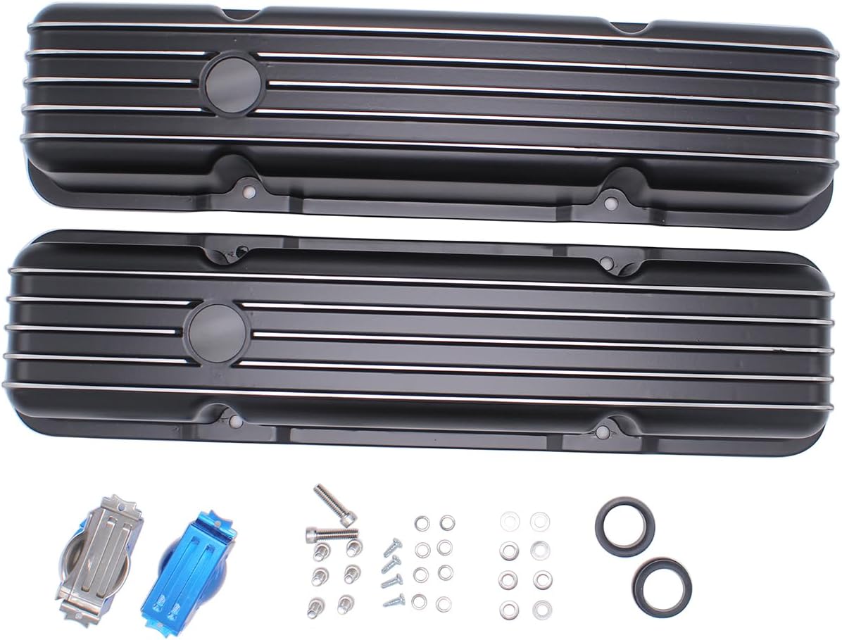 1 Set SHLPDFM Black Polished Aluminum Finned Tall Valve Covers Fits for SBC Small Block Chevy 283-305-327-350-400