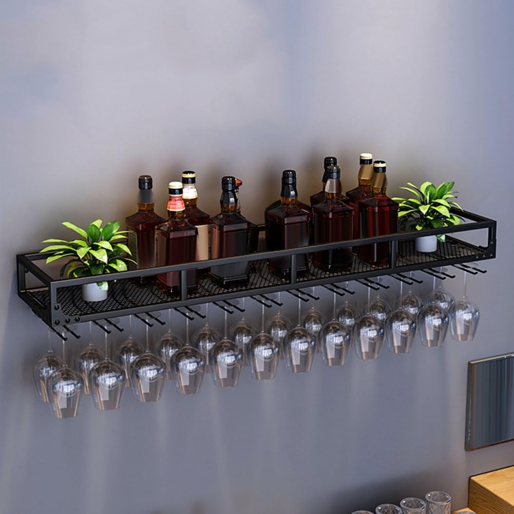 Soporte de Copas de Vino de Metal for Colgar en Pared, Estante for Copas de Vino Bajo el Mueble, for Casa, Bar, Comedor, Cocina(Zwart,80x25cm)
