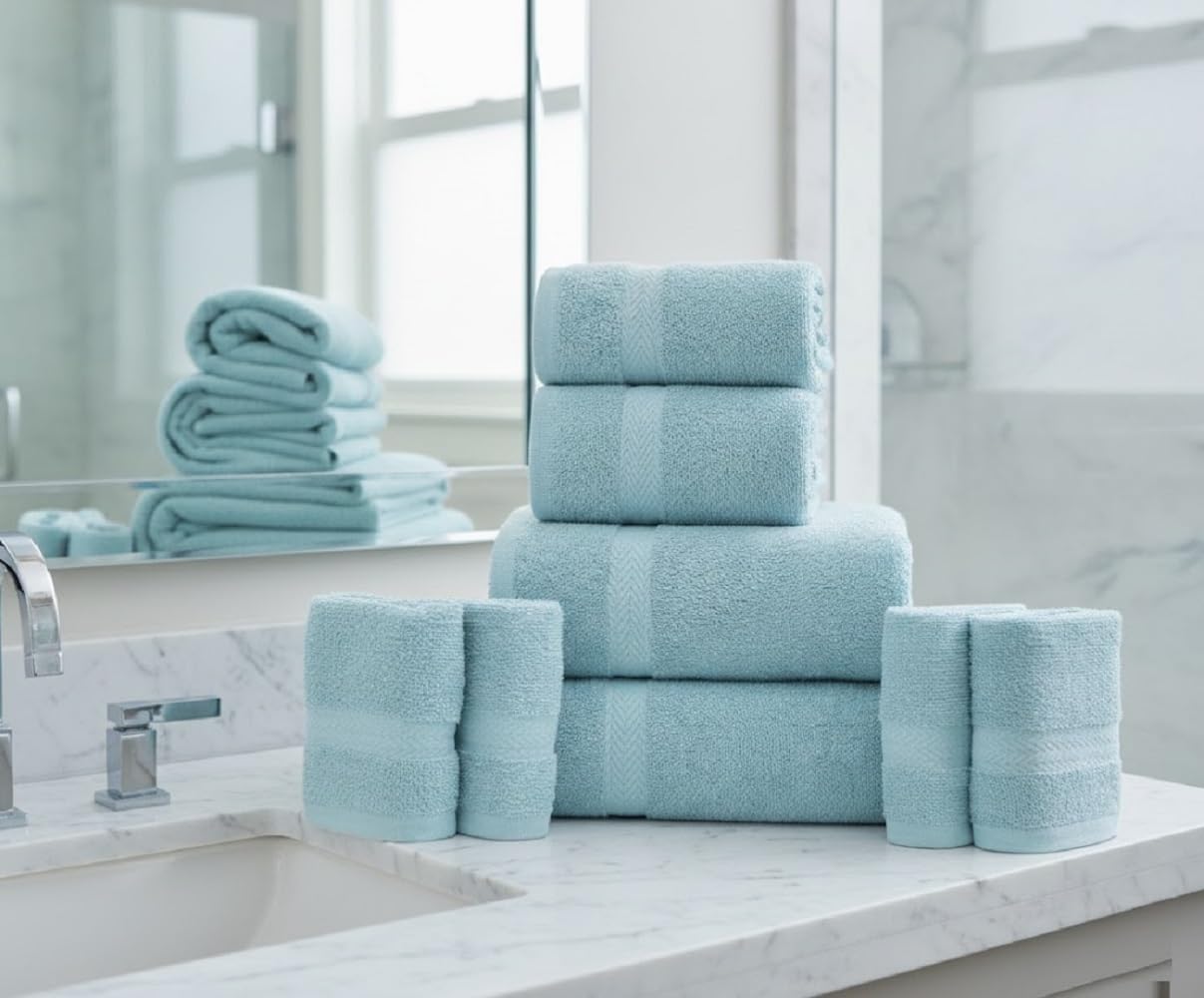 manucci Set di 8 asciugamani in 100% cotone egiziano super morbido, di alta qualità, 4 viso, 2 mani e 2 asciugamani da bagno, per spa, palestra, hotel e bagno, 600 g/m² (menta)