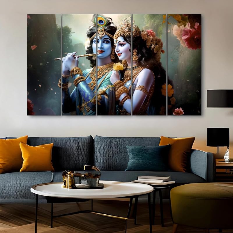 Image of Kyara Arts Radha Krishna Wall Painting for Living Room Big Size with Wooden Frame | Premium Vinyl Print with Textured Finish | Krishna with Flute, Spiritual Wall Decor for Home Decoration | Ideal Gift Option (36 x 60 In)