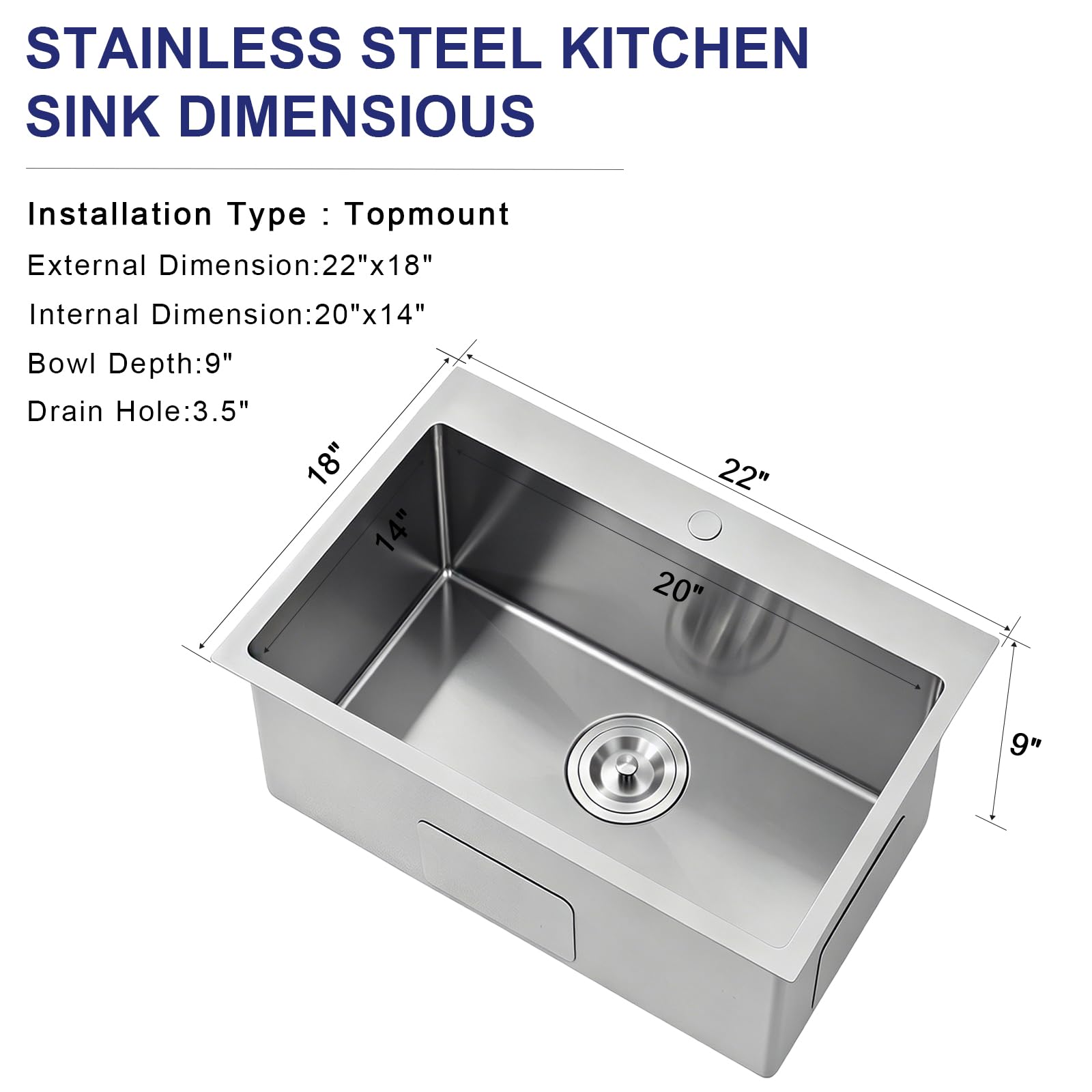 VAPSINT Küchenspüle, 55,9 x 45,7 cm, 304 Edelstahl, 55,9 cm, Topmount Wet Bar Spüle, 16 Gauge Bürste, Nickel, für den Außenbereich, kleine Einzelschüssel, Wohnmobil, Waschküche, Vorbereitungsspüle mit