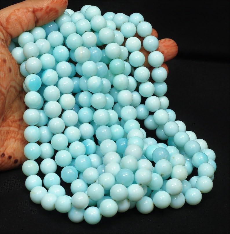 Opale naturelle bleu ciel en perles rondes lisses pour la création de colliers