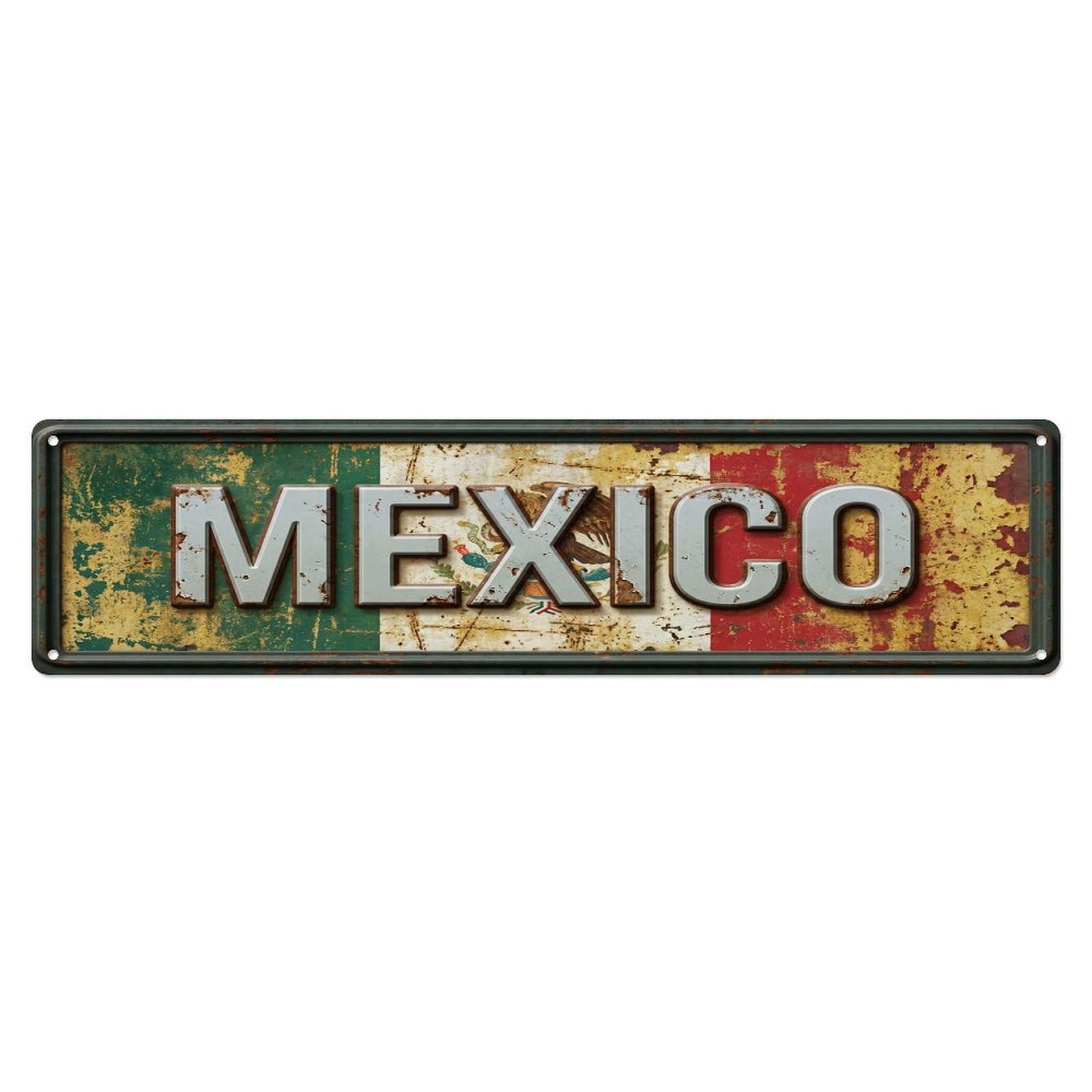 Olhnbad 4X16inch(10X40cm) Vintage Mexico Flag Pattern Metal Tin Sign
