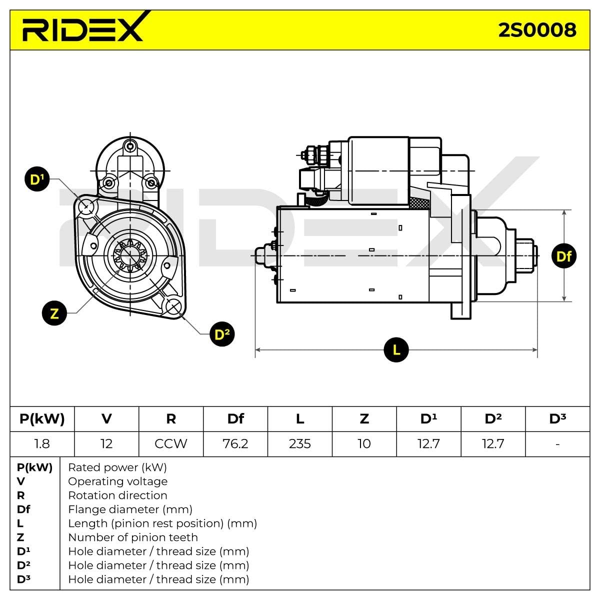 RIDEX 2S0008 Motor de arranque Compatible con VW Golf IV Hatchback 1J1