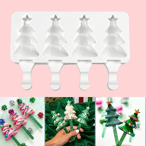 Miniatura 4 de Molde de silicona para helado de árbol de Navidad de 4 cavidades, molde para paletas de chocolate, moldes para hacer paletas de hielo, herramientas