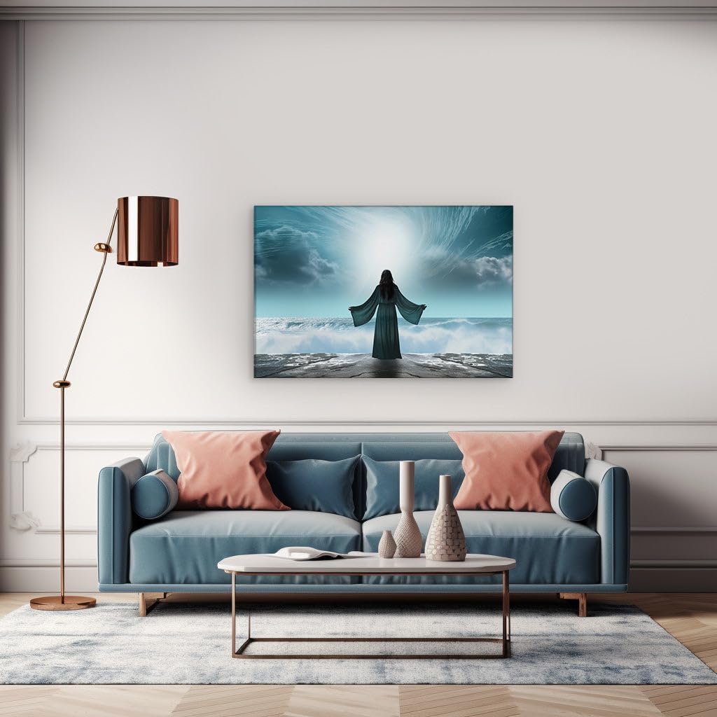 Canvas for Living room. Embracing the Fury of the Sea � A Solitary Woman Against the Roaring Waves, 27 x 18 inch Canvas Wall Art - Modern Home Decor - 69x46 cm (27x18 inch)