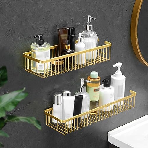 Miniatura 5 de NevStp Estante de baño de aluminio para ducha, estantes flotantes, estante cosmético, organizador de almacenamiento de oro cepillado, accesorios de