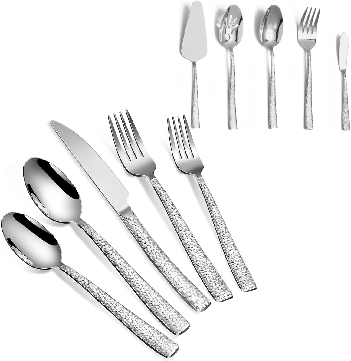 45-Piece Silverware Set with Serving Utensils Set, Black Hammered Stainless Steel Flatware for 8, Food-Grade Tableware, Including Fork, Knife, Spoon Set, Home Kitchen Cutlery, Dishwasher Safe