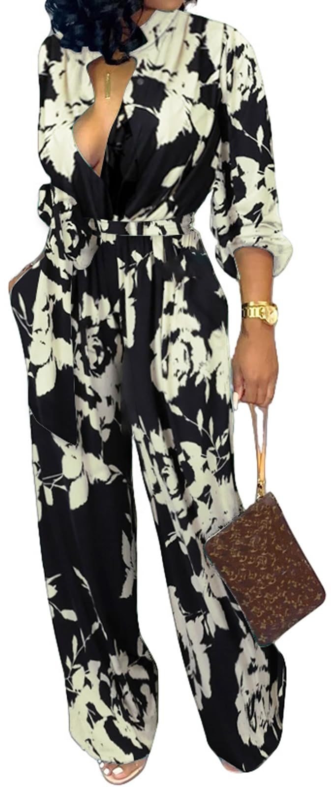 SxClub Jumpsuits for Women Formal Sexy Elegant Long Straight Pants Busineess Party Jumpsuit with Belt Pockets