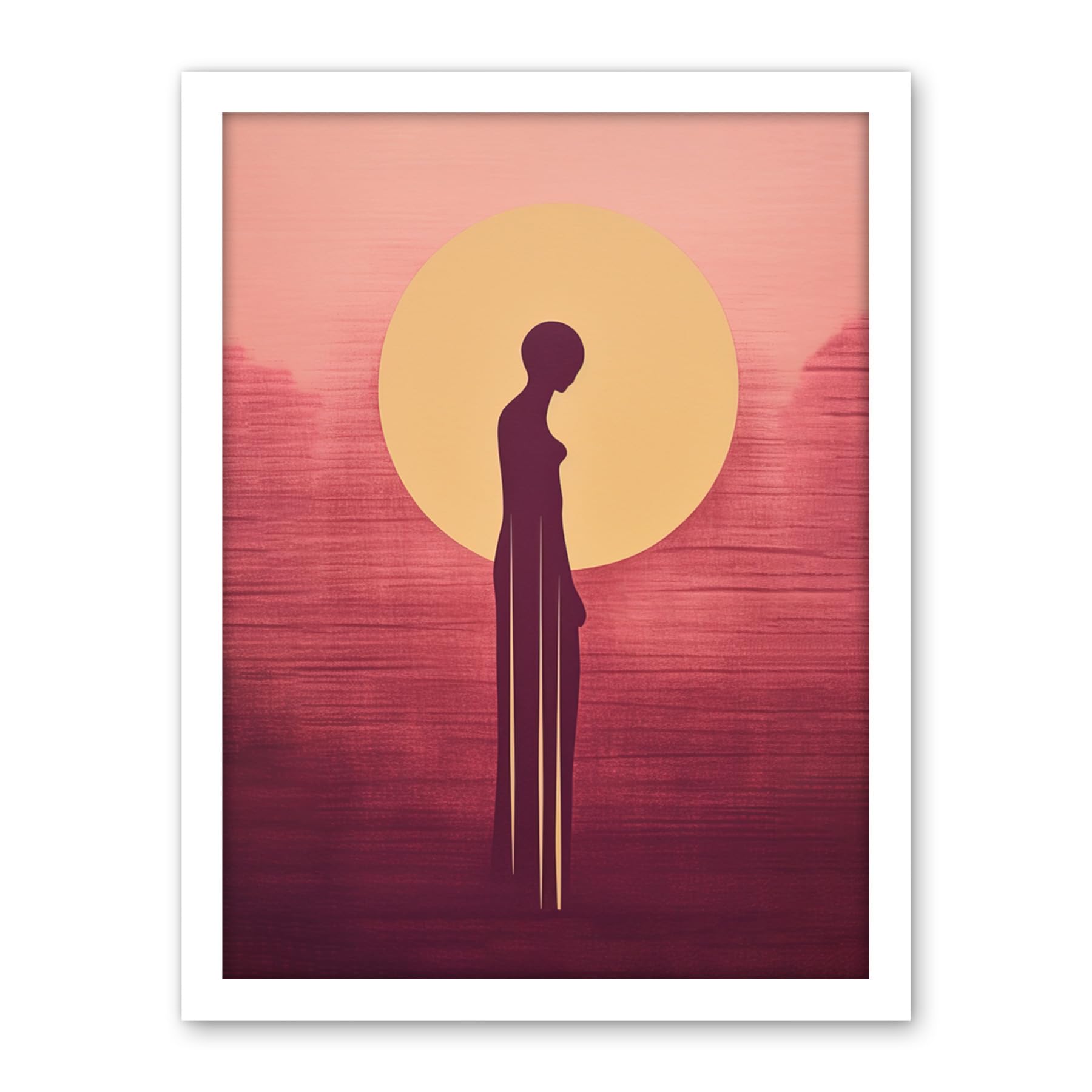 Artery8 Sunrise Solitude Minimalist Artwork Plum Pink Gold African Woman Silhouette in Golden Sun Halo Artwork Framed Wall Art Print 18X24 Inch