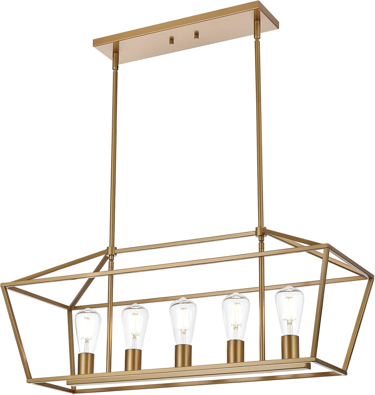 VINLUZ 5 Light Modern Kitchen Island Light in Gold Finish,Industrial Hanging Pendant Lighting Fixture with Metal Frame Linear Lantern Chandelier for Dining Room Foyer Cafe Bar