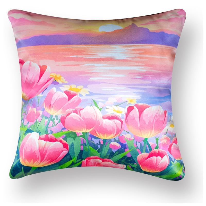 Image of Decorative Satin Sofa Cushion Covers Set of 5, 16 x 16 Inches, Multicolor Floral Printed Pillow Covers for Living Room, Bedroom, Couch & Sofa, Soft Glossy Fabric, Zipper Closure