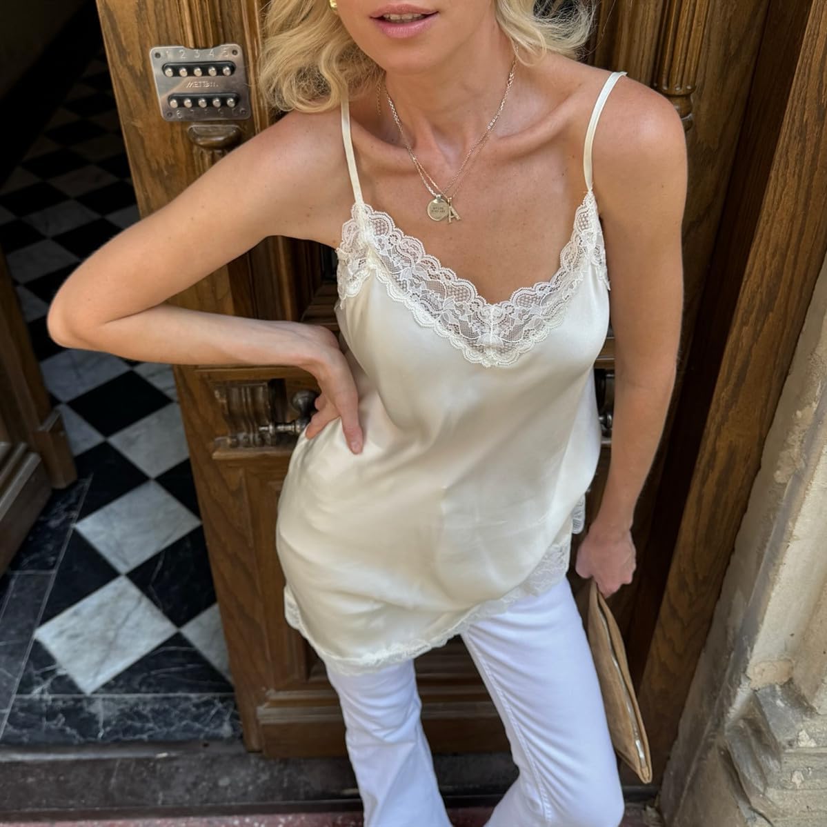 Lace Trim Satin Cami Tops for Women Spaghetti Strap Sexy V Neck Silk Camisole Going Out Party Shirts - Image 3