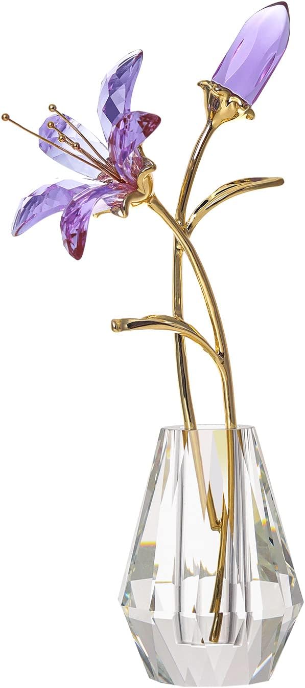 LONGWIN Crystal Artifical Tiger Lily Flowers with Vase - Purple Glass Collectible Figurines for Home and Wedding Decor