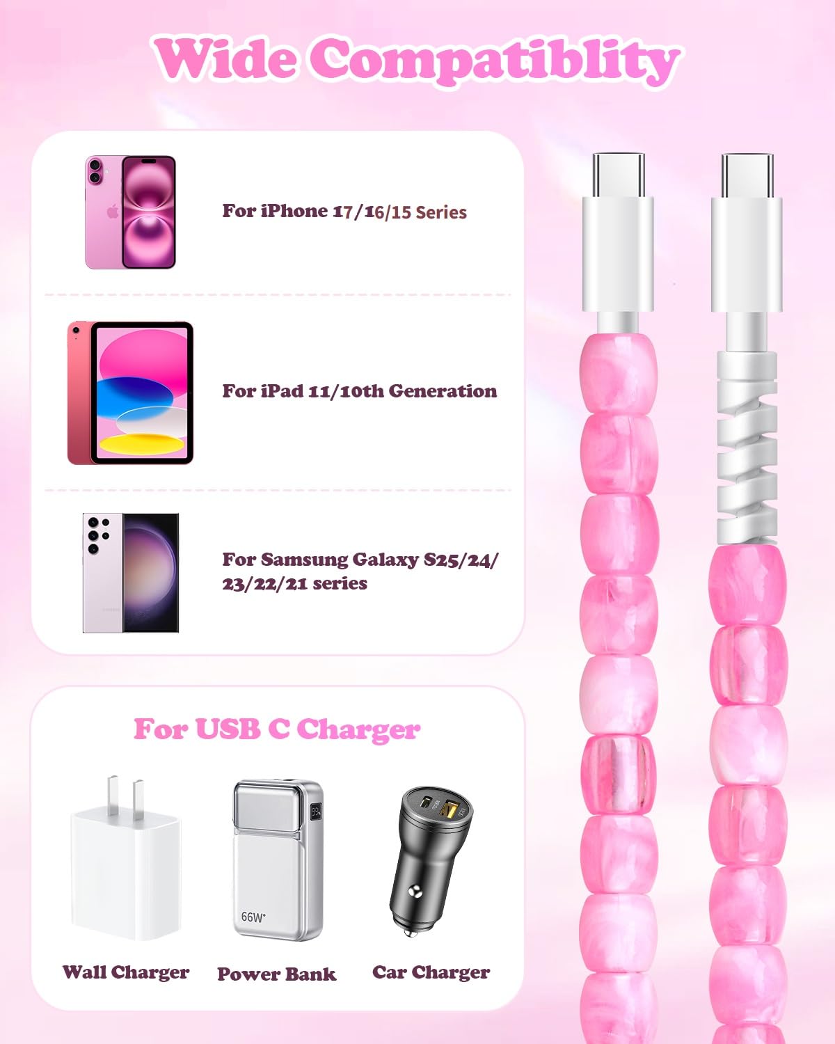 Cable USB para iPhone 16, cable de carga rápida de 66 W, cable USB C a USB C de 3.3 pies, elegante y duradero, con cuentas, cargador tipo C, para niñas y mujeres, para iPhone 15, Samsung S25, S24