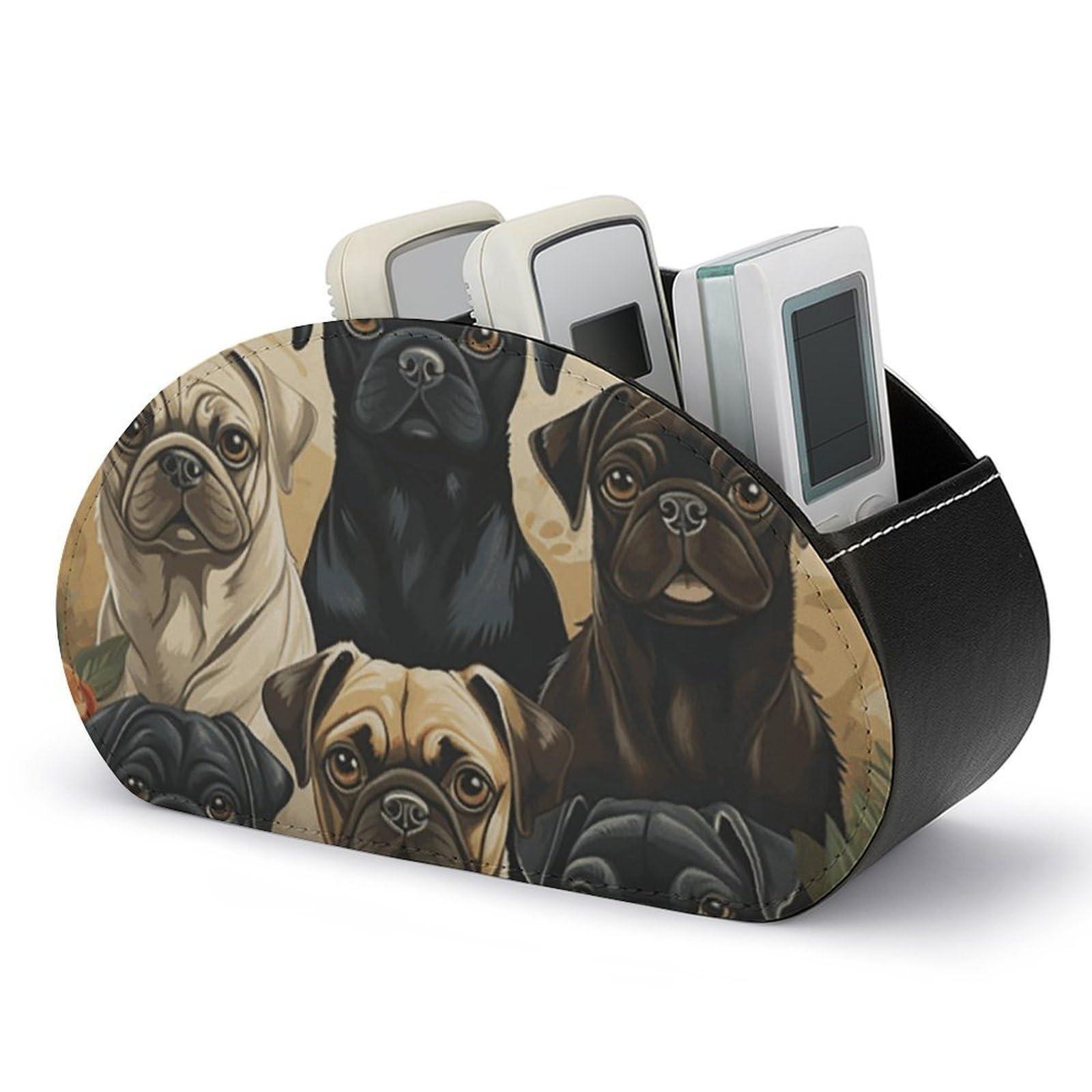 DWVTSLH Pug Remote Control Holder with 5 Compartments - PU Leather TV Remote Holder Remote Caddy Desktop Organizer Makeup Brush Holder, Remote Storage Box for Home Office