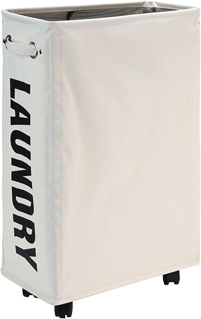 Lifesela Slim Rolling Laundry Basket, 22 Laundry Hamper with Wheels, Collapsible Dirty Clothes Hamper with Drawstring Mesh Cover, Corner Clothes Hamper Laundry Bin with Handle (Beige)