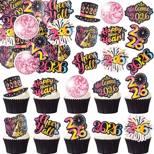 Gyufise 54Pcs Edible 2026 Happy New Year Cupcake Toppers Edible Rice Paper Firework Clock Hello 2026 Cheers to 2026 Cupcake Picks Women Men Birthday Party Anniversary Decorations Supplies Red