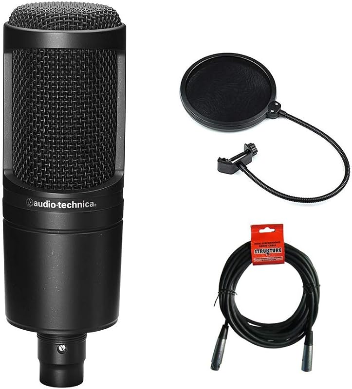 Audio Technica AT2020 Paquete de micrófono de estudio de condensador con filtro pop y cable XLR