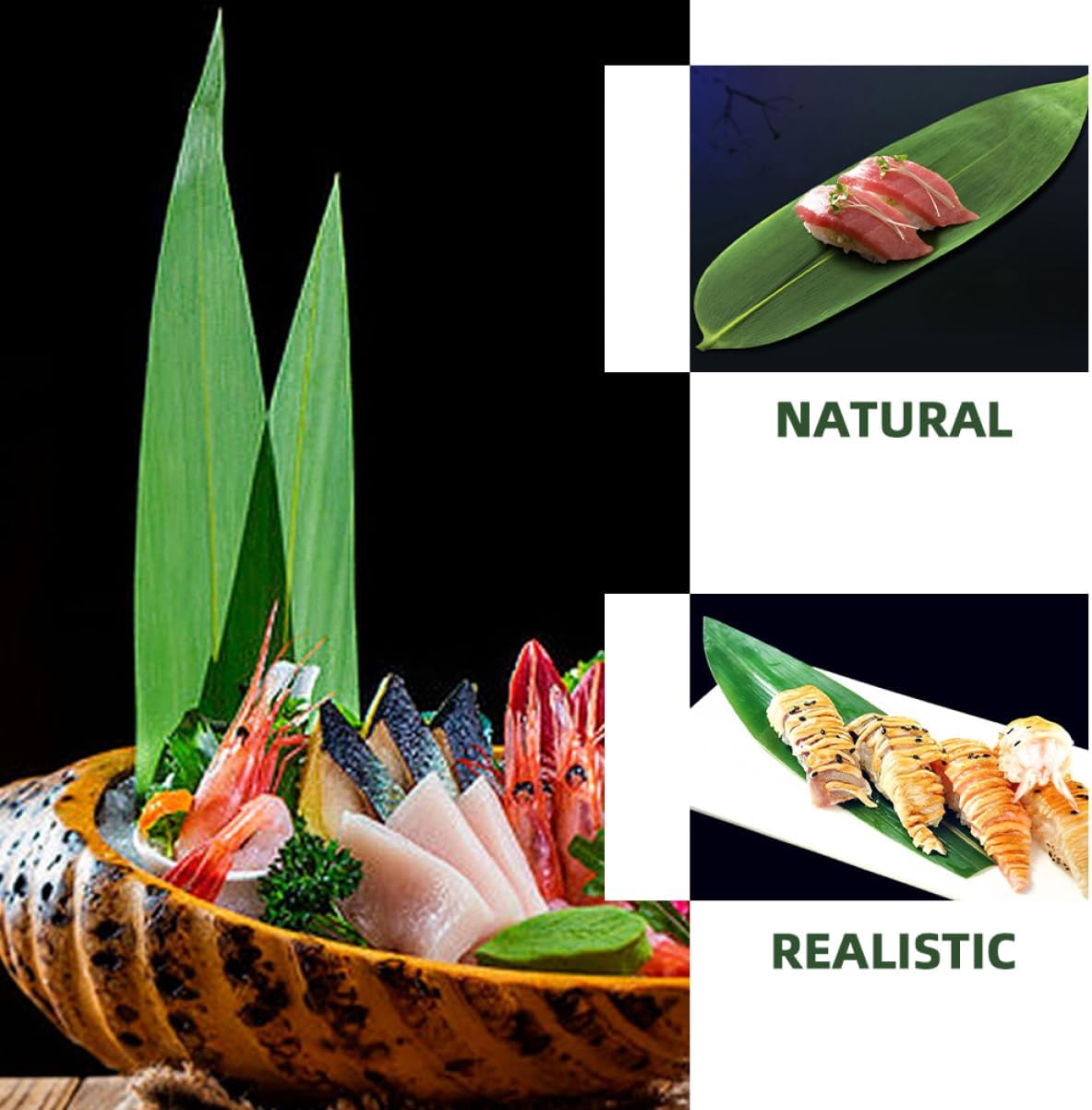 Cabilock 100Pcs Bamboo Leaves for Sushi Decoration Small Japanese Food Mat Fresh Green Bamboo Leaf Sashimi Plate Decor for Restaurants and Catering