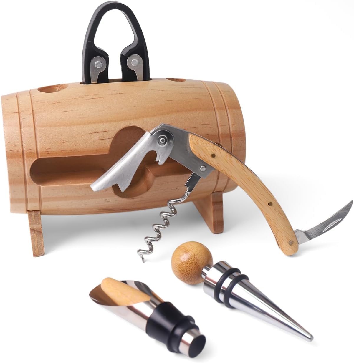 Weinzubehör Set mit Korkenzieher, Folienschneider, Ausgießer und Stopper - Elegantes Holzfass für Sommelier-Geschenke