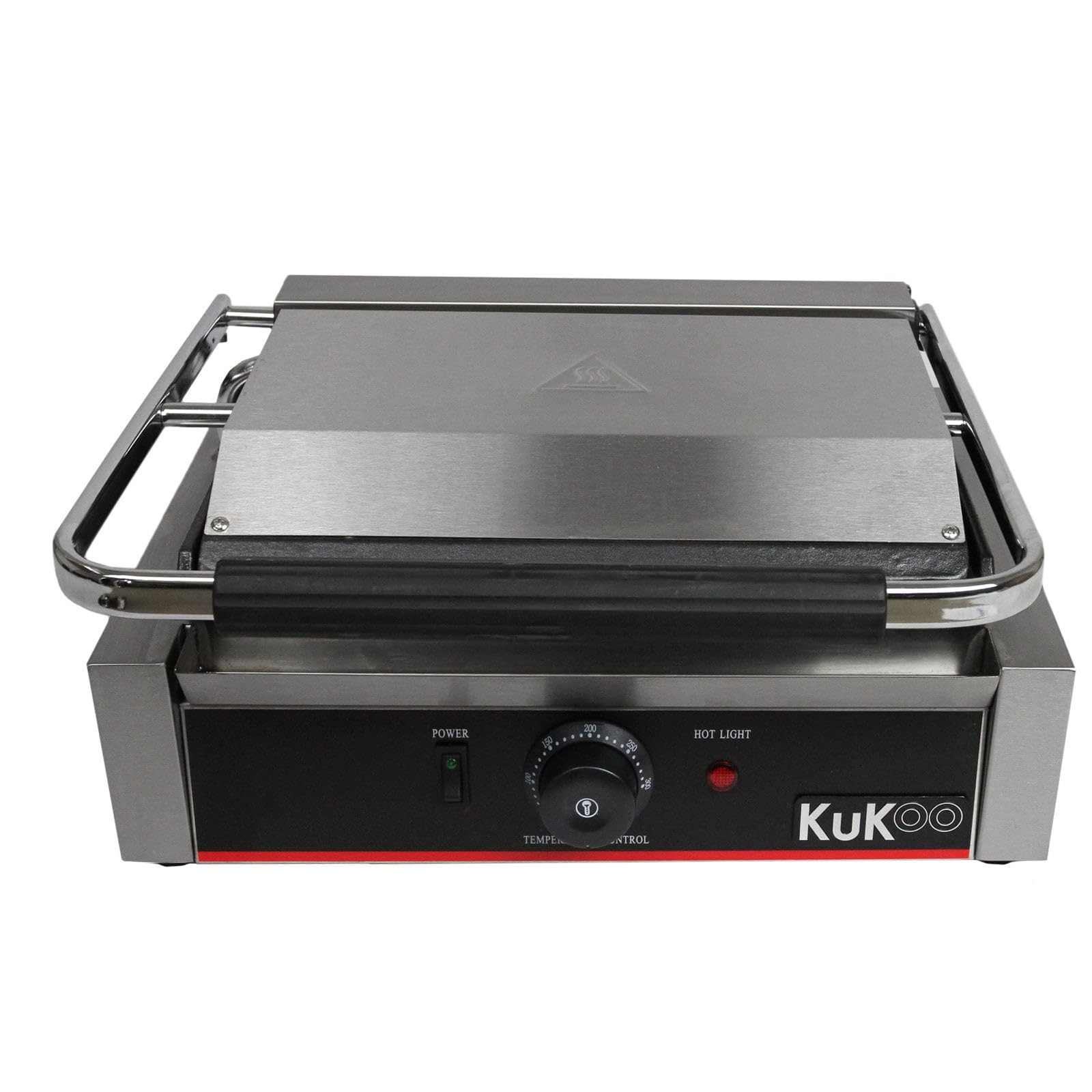 KuKoo - Piastra per Panini Professionale con Griglia Rigata, 2200W, 50-300°C, Acciaio Inox e Griglia in Ghisa per Hamburger, Sandwich con Spazzola Gratis