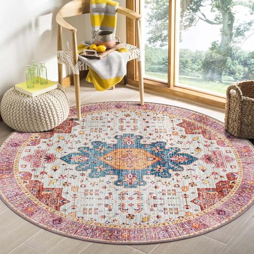 Moynesa Ultra-Thin Washable Round Rug - 4ft Pink Oriental Circle Area Rugs for Nursery Bedroom, Vintage Non Slip Non Shedding Low Pile Carpet for Living Room Coffee Table Entryway