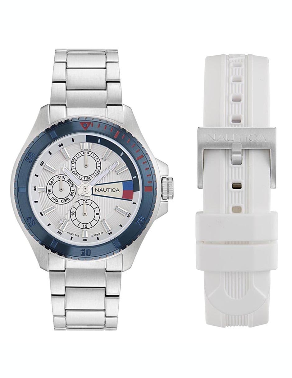 Nautica NCT Leeway NAPLWS604 - Reloj de Pulsera de Acero Inoxidable para Hombre, Correa de siloicona Blanca