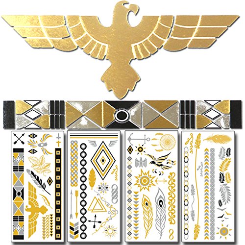 Cleopatra Metallic Temporary Tattoos Gold, Silver, & Black Hot New Theme! Suns, Feathers, Bracelets, Rings, Arrows, Gold Birds, Jewels, Diamonds, and More