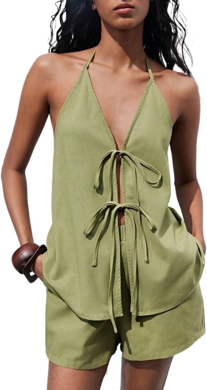 Women's Backless Lace Up Halter Top And Shorts Set Casual Summer Outfit