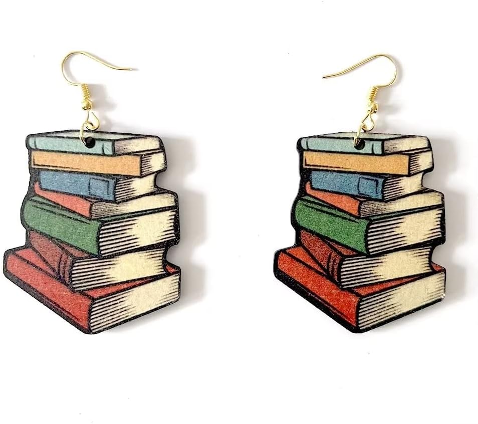 Funny Wooden Stackable Book Drop Dangle Earrings Stack of Books for Women Reading Earrings Classic Librarian Teacher Student Graduation Back to School Jewelry