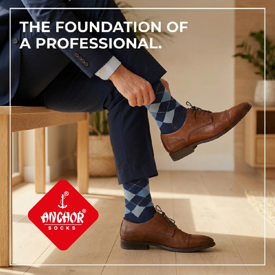Image of ANCHOR, Cotton Argyle Socks for Men Full Length, Formal Cotton Mens Socks, Free Size, Pack of 5