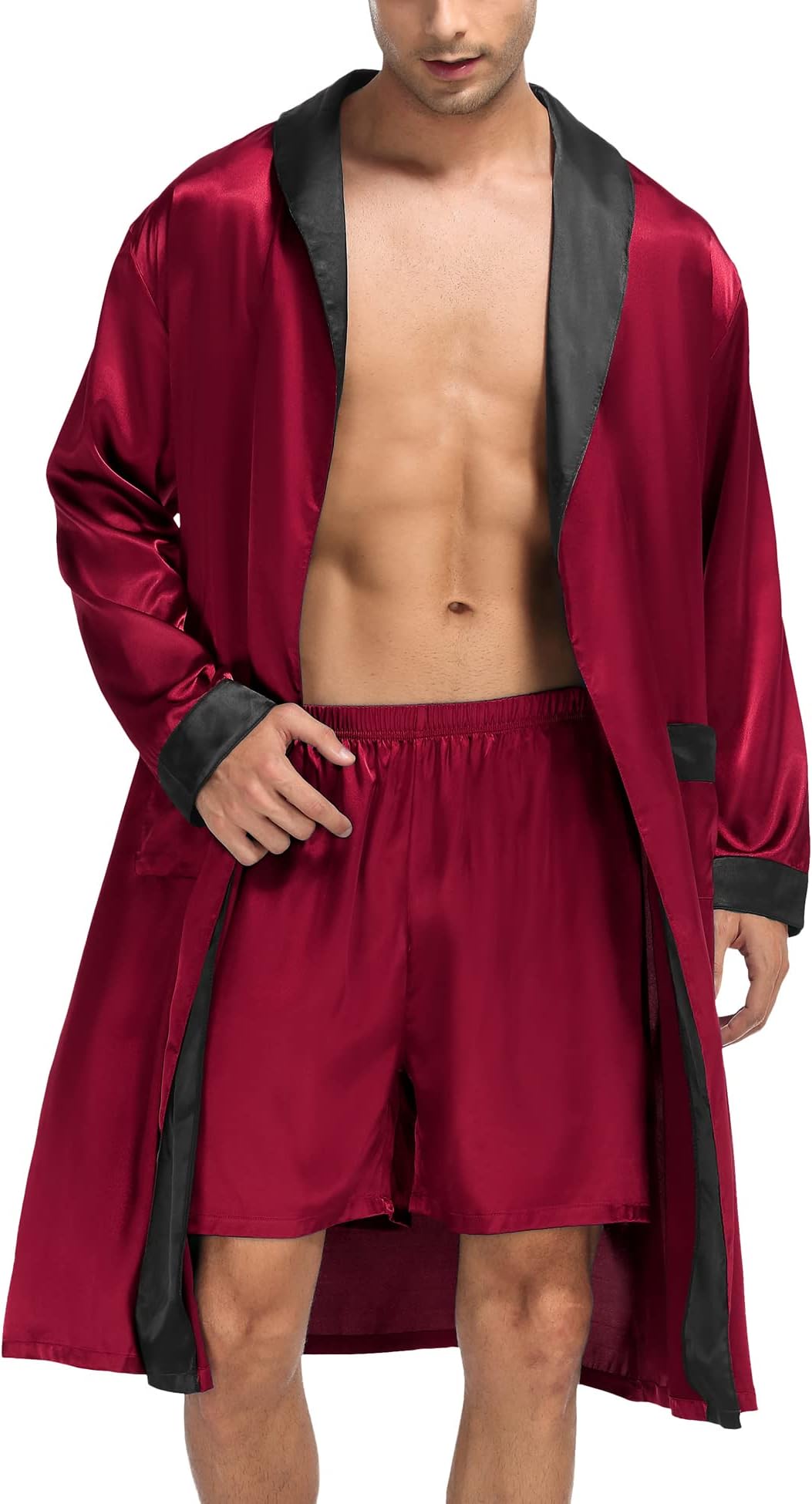 Men's Satin Robe with Shorts Set Silky Kimono Bathrobe Lightweight Soft Sleepwear